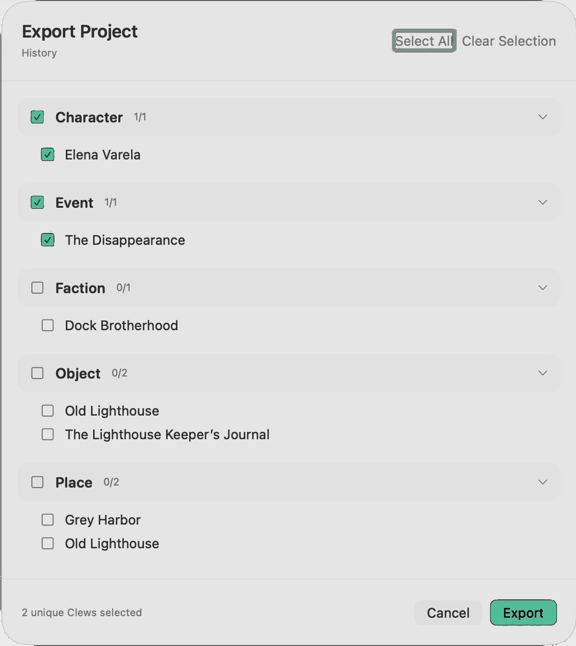 PDF export selection sheet in Clews showing selectable Guilds and Clews from a History project.
