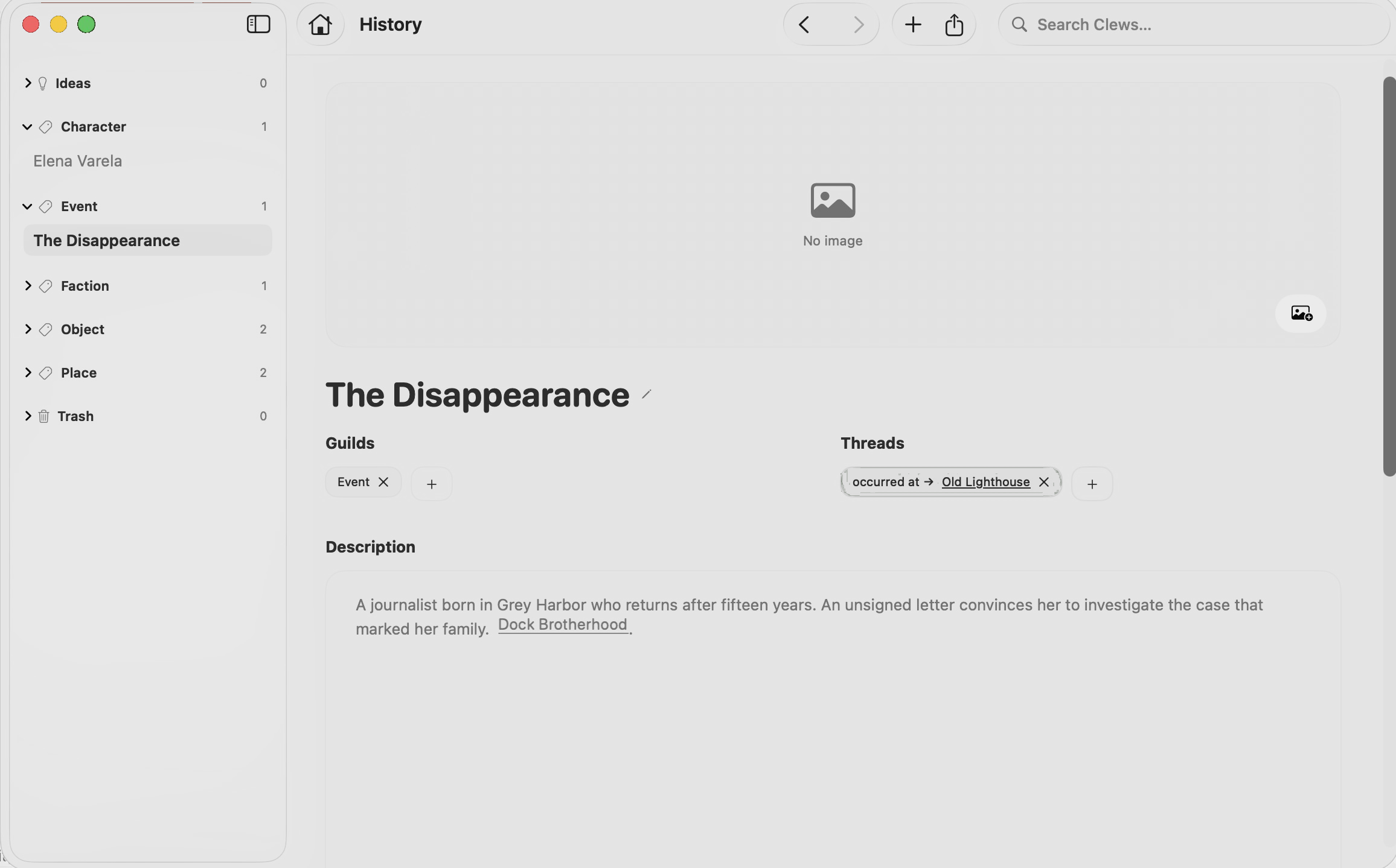 Clews project editor showing The Disappearance as a Clew with its Guilds, Threads, and description.