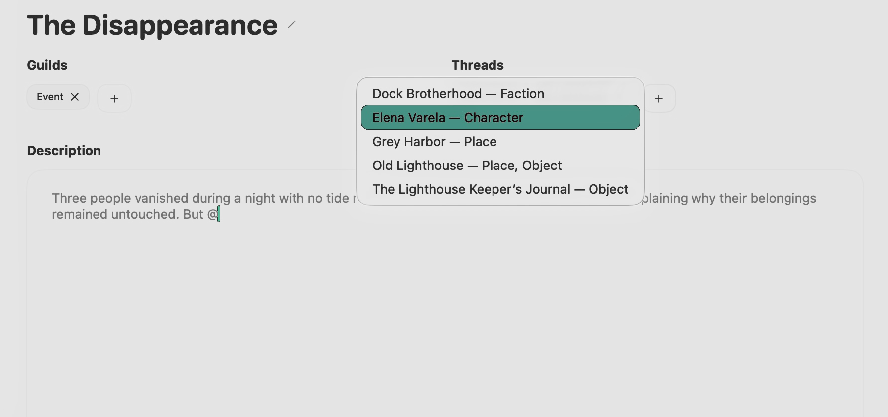 Clews editor showing The Disappearance with its Event Guild and the Thread relationship selector open.