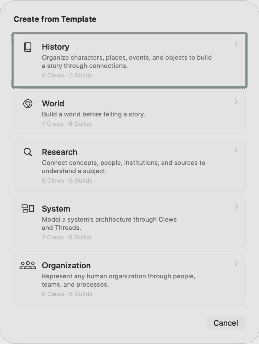 Clews template chooser showing starting structures for History, World, Research, System, and Organization projects.